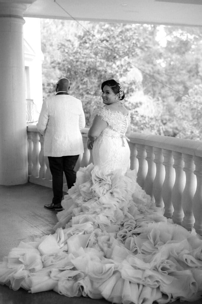 Bride and groom having their first look at The Springs Cypress wedding.