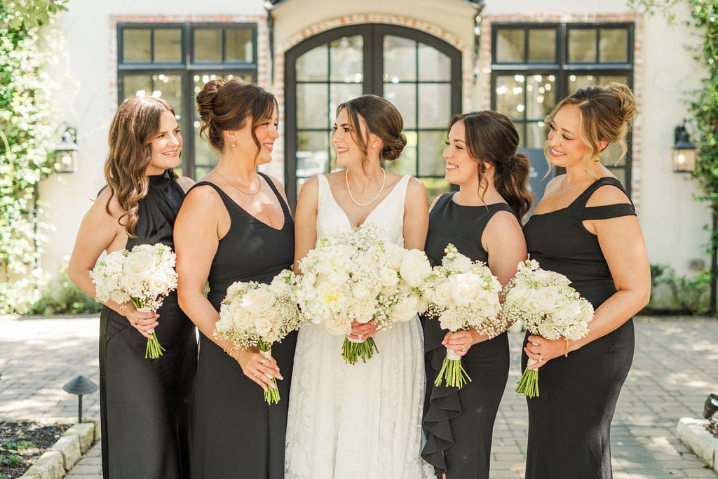 Summer-formal-black-bridesmaids-dresses-babys-breath-bouquets-wedding-white-green-classic-wedding-peach-orchard-houston-wedding-venue-houston-tx-AVP-ashleys-visions-productions-houston-wedding-planner