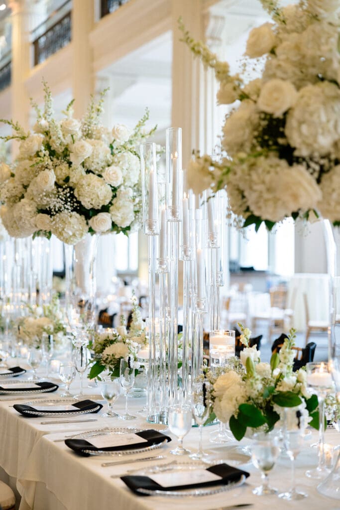 Corinthian-Houston-black-white-wedding-white-green-tall-floral-arrangements