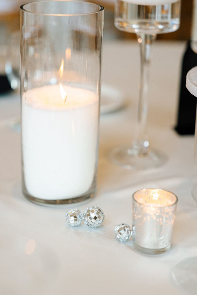 Corinthian-Houston-black-white-wedding-disco-balls-centerpieces