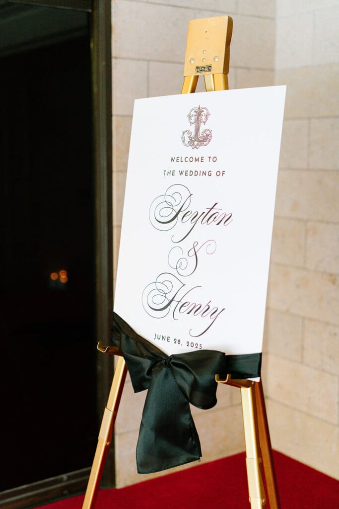 Corinthian-Houston-black-white-wedding-custom-entrance-signage-red-carpet